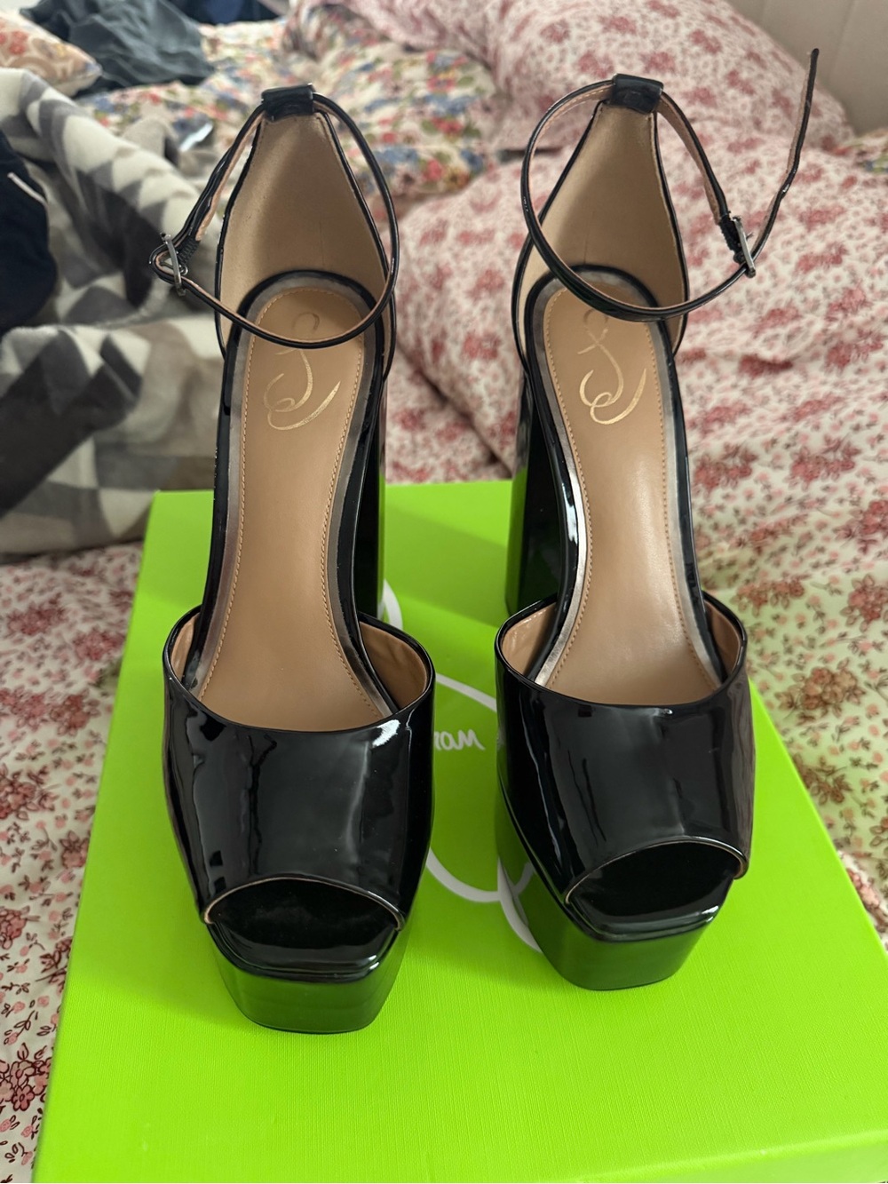 Sam Edelman Black Patent Platform Peep-Toe Heels with Ankle Strap